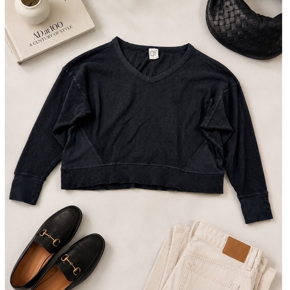 OFFLINE by Aerie Womens Black Waffle Knit V-Neck Cropped‎ Long Sleeve Top Medium